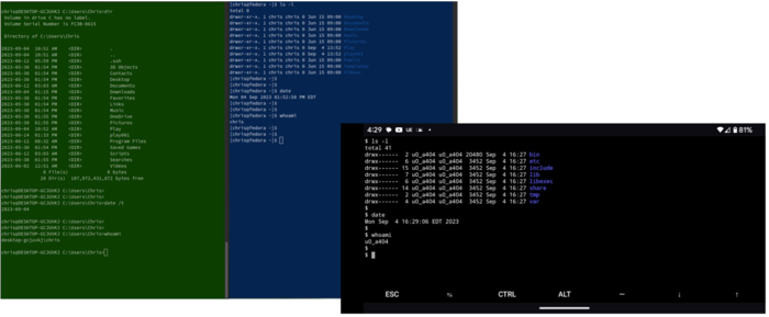 A side-by-side view of Windows (10), Linux (Fedora 38), and Android command-line interfaces (CLI) displaying similar information.